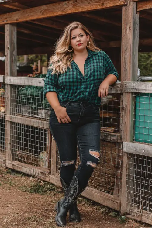 A curvy woman wears distressed jeans with a forest green flannel shirt tucked in, styled with black cowboy boots