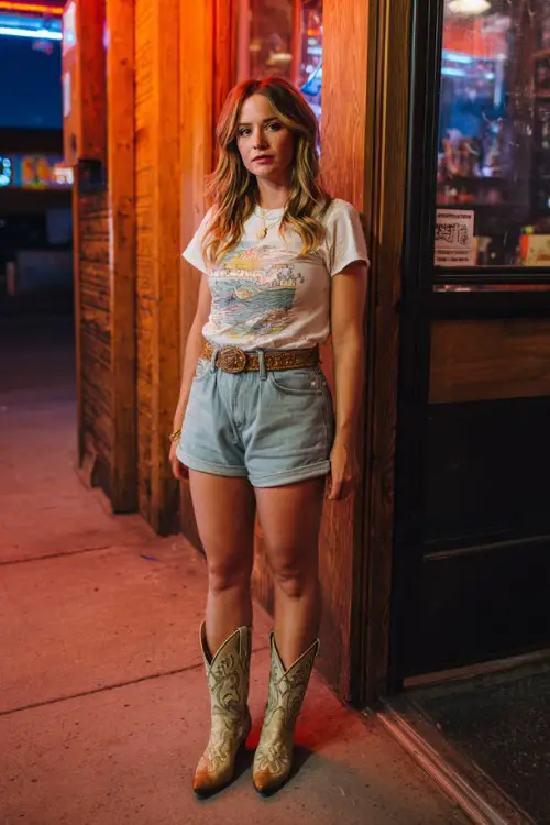 A curvy woman wears high-waisted denim shorts with a fitted graphic tee and embroidered cowboy boots