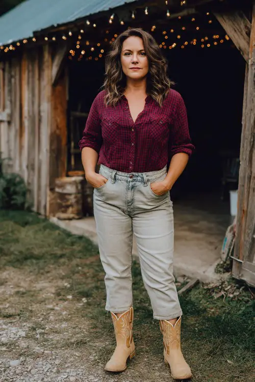 A curvy woman wears light-wash straight-leg jeans cuffed at the ankle, a burgundy button-up flannel, and tan short cowboy boots