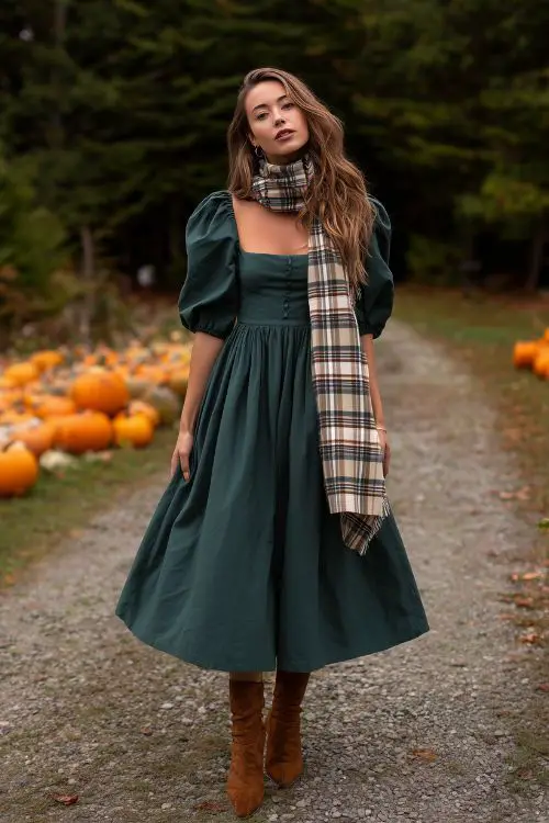 A fashionable woman in a forest green midi dress with a square neckline and puff sleeves, paired with a plaid scarf and ankle booties