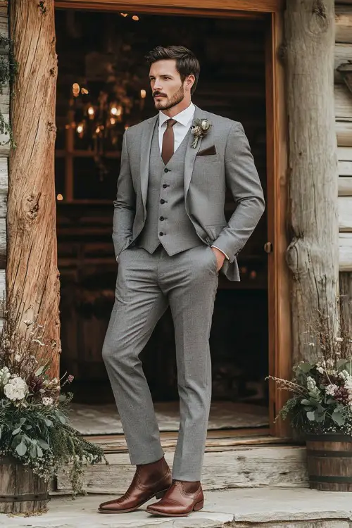A groomsman wears a gray three-piece suit with brown cowboy boots and a brown tie