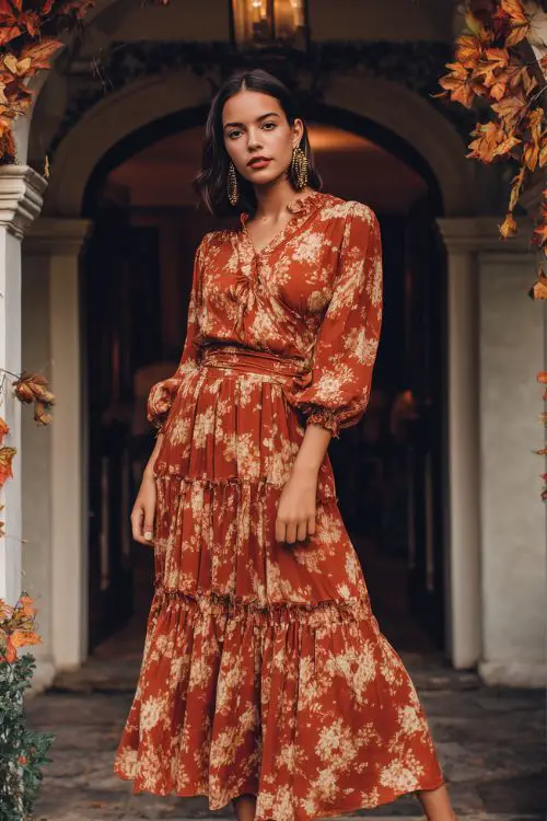 A guest in a burnt orange floral maxi dress with bishop sleeves and tiered hem, accessorized with gold earrings and brown block heels, posed by an archway covered in autumn leaves