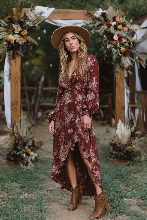 A guest in a flowy wine-colored floral dress with bishop sleeves and a high-low hem, styled with a wide-brim hat and suede boots, posing near a rustic wooden arch