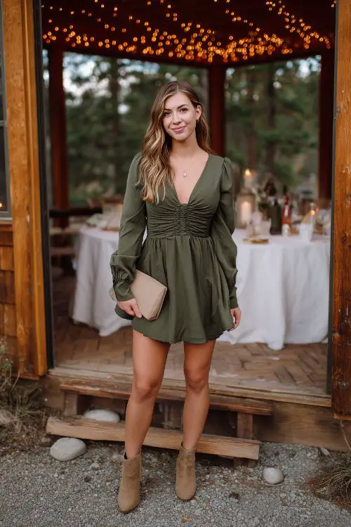 A guest in a forest green babydoll dress with ruched long sleeves and a flowy skirt, styled with tan ankle boots and a simple clutch, at a chic backyard wedding setup with string lights