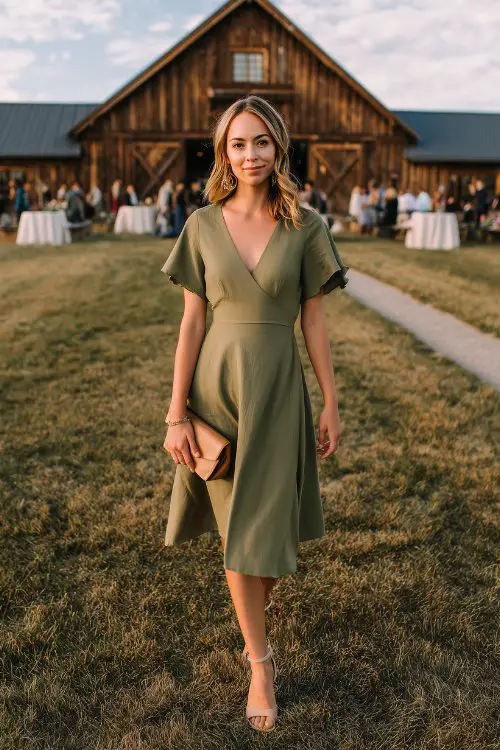 A guest in a muted olive green A-line dress with short flutter sleeves, styled with ankle-strap flats and a simple leather clutch