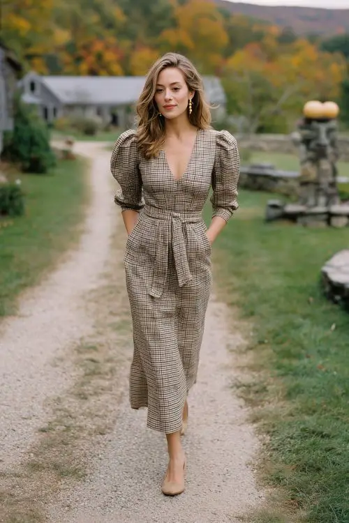 A guest in a soft plaid midi dress with a belted waist and puff sleeves, styled with low block heels and delicate earrings, walking across a rustic barn wedding path