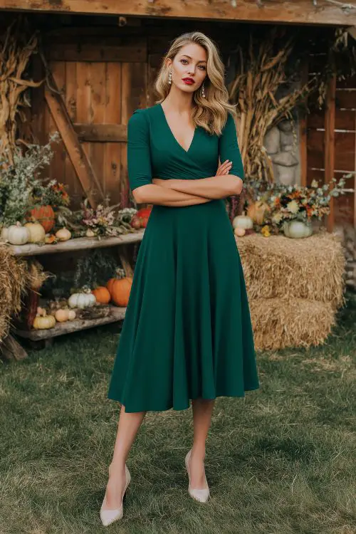 A guest over 50 in a deep green tea-length A-line dress with three-quarter sleeves and subtle pleats, paired with classic pumps and pearl studs