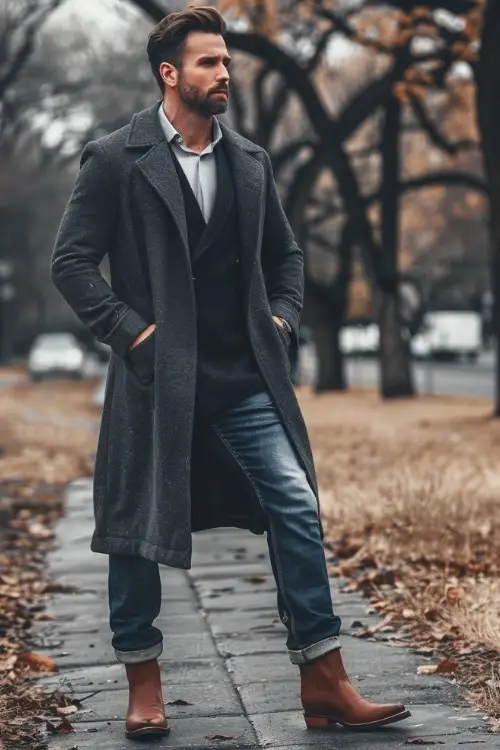A man wears a gray long coat over a shirt with jeans and brown cowboy boots