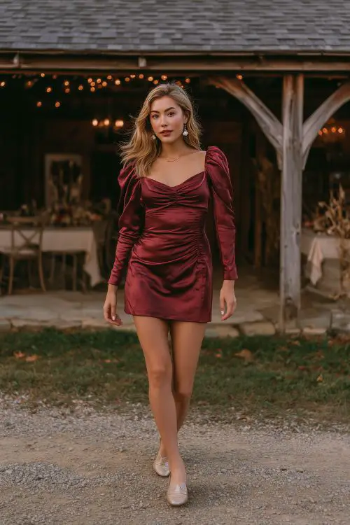 A petite guest in a wine-colored satin mini dress with ruched sleeves and a modest scoop neck, styled with classic loafers and pearl studs