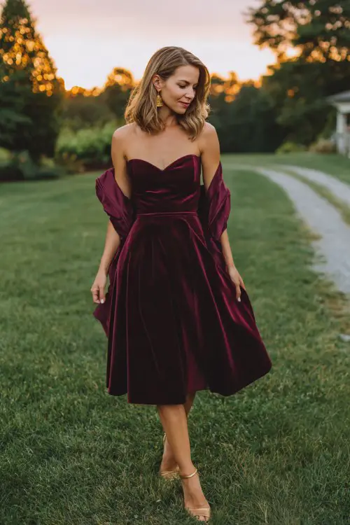 A petite woman in a burgundy velvet fit-and-flare dress with a sweetheart neckline and three-quarter sleeves, paired with strappy gold heels and a matching satin shawl
