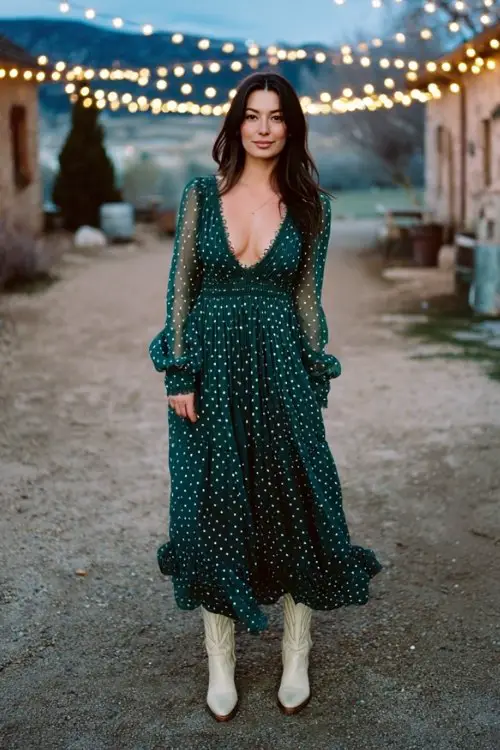A petite woman in a dark emerald green maxi dress with a sheer polka-dot overlay and scalloped edges, paired with cream cowboy boots
