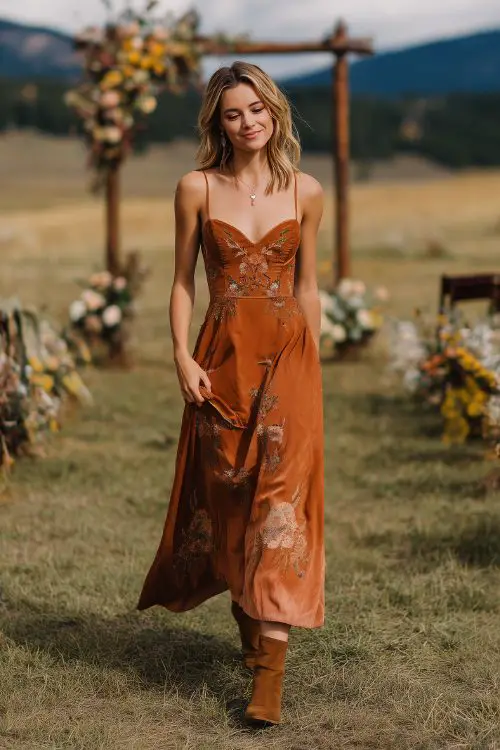 A petite woman in a full-body rust A-line dress with embroidered florals and a structured bodice, paired with suede booties