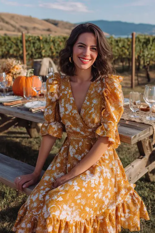 A petite woman in a marigold midi dress with white floral block print and soft ruffles