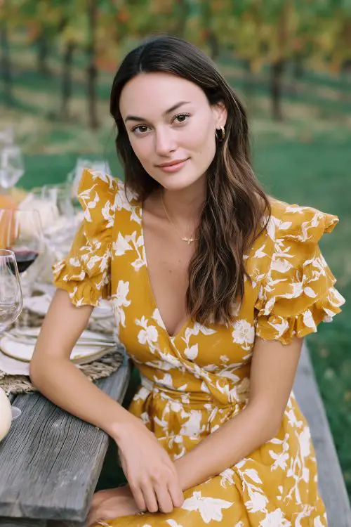 A petite woman in a marigold midi dress with white floral block print and soft ruffles