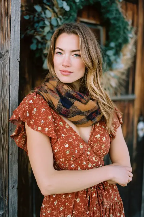 A petite woman in a rust floral midi dress with flutter sleeves and a tiered skirt, draped in a plaid wool blanket scarf