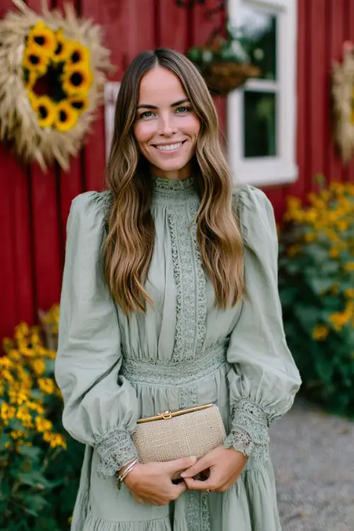 A petite woman in a sage green smocked midi dress with lace trim and bishop sleeves (3)
