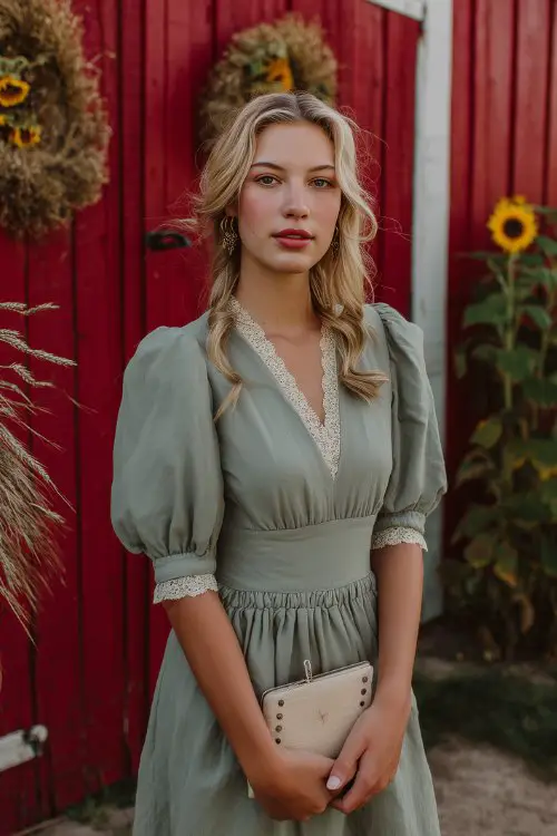 A petite woman in a sage green smocked midi dress with lace trim and bishop sleeves