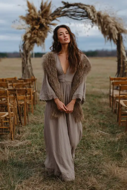 A petite woman in a taupe boho maxi dress with bell sleeves and lace trim, wrapped in a faux fur shawl
