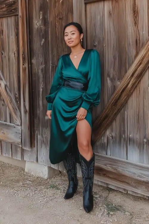 A petite woman in an emerald green satin wrap dress with a high slit and bishop sleeves, paired with black embossed cowboy boots