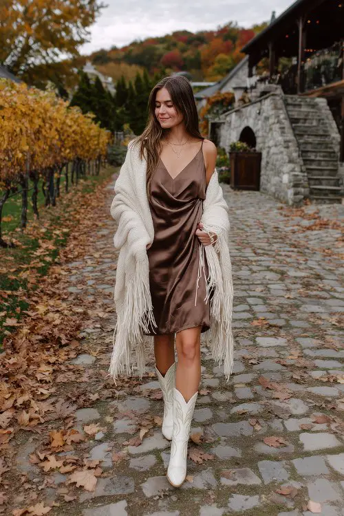 A petite woman wearing a bronze satin wrap dress under a cream fringed shawl, styled with bone-white embroidered cowboy boots