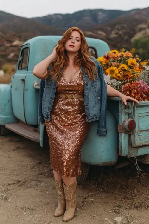 A plus-size woman in a copper sequin midi dress with cap sleeves and a belted waist, paired with tan cowboy boots and a cropped denim jacket