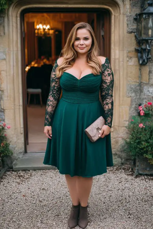 A plus-size woman in a dark green fit-and-flare dress with lace sleeves and a sweetheart neckline, styled with ankle boots and a clutch
