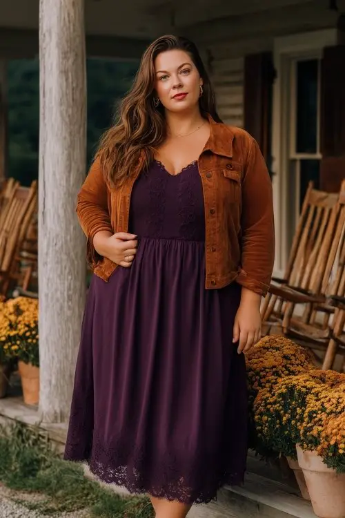 A plus-size woman in a deep plum A-line dress with lace sleeves and a midi hem, styled with a suede cropped jacket