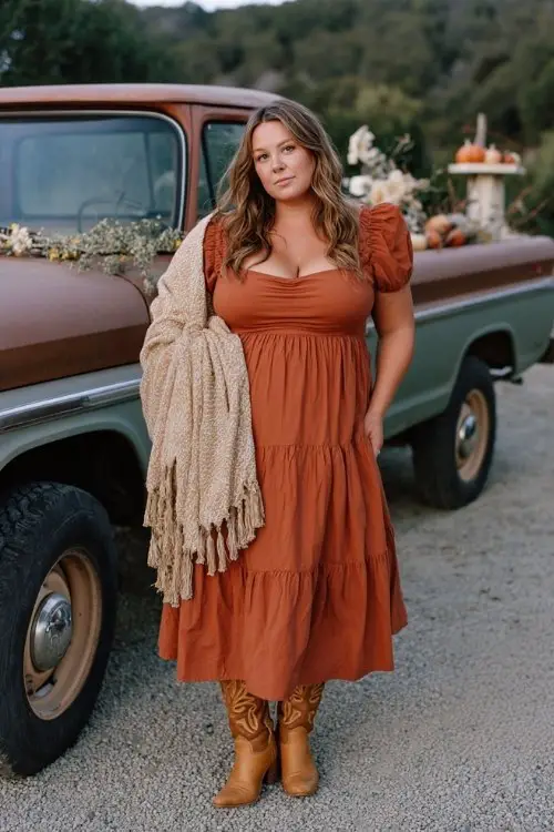 A plus-size woman in a rust tiered midi dress with a square neckline and puff sleeves, paired with camel cowboy boots and a fringe shawl