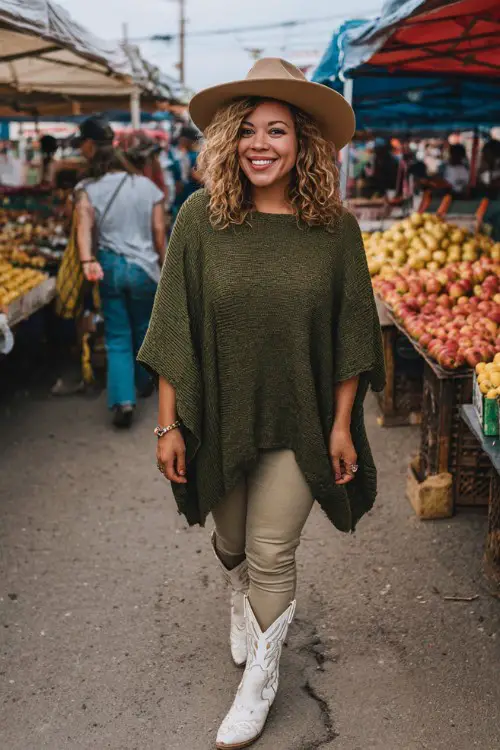 A plus-size woman over 30 wears skinny jeans, a deep green knit poncho, a felt hat, and pearl-stitched white cowboy boots