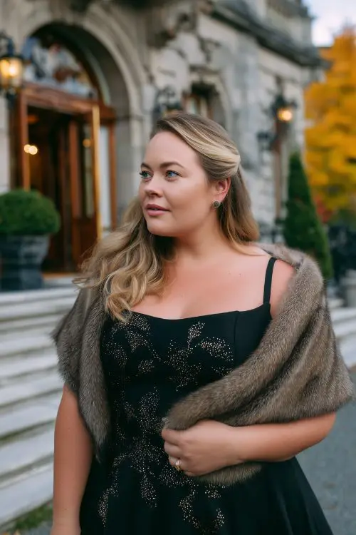 A plus-size woman wears a black midi dress with metallic thread embroidery and a faux fur shawl