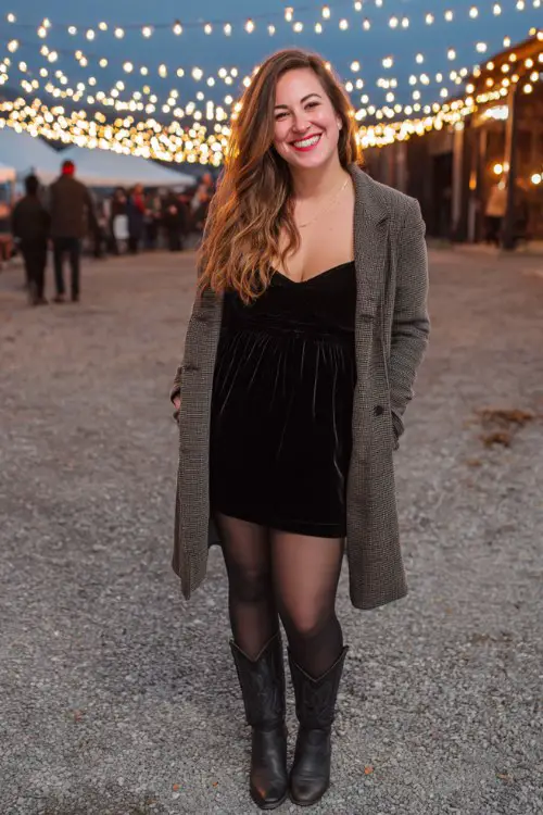 A plus-size woman wears a black velvet mini dress layered with sheer black tights, paired with black cowboy boots and a long tailored coat