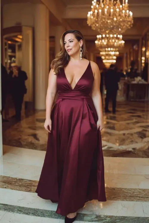 A plus-size woman wears a burgundy satin wrap gown with a plunging neckline and long flowing skirt