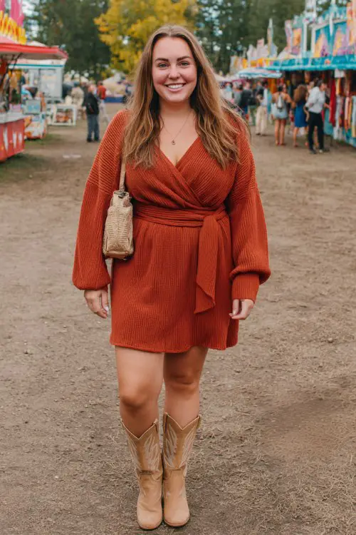 A plus-size woman wears a rust-colored sweater dress with a belted waist, accessorized with tan cowboy boots and a crossbody bag