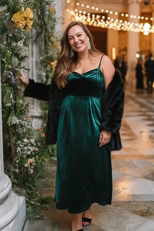 A plus-size woman wears an emerald green velvet gown with a black faux fur coat (3)
