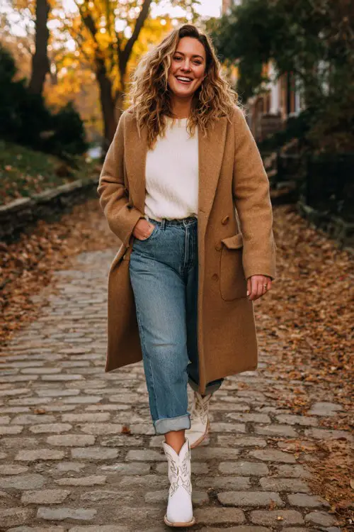 A plus-size woman wears cuffed boyfriend jeans, a camel wool coat over a white mock-neck top, and white embroidered cowboy boots
