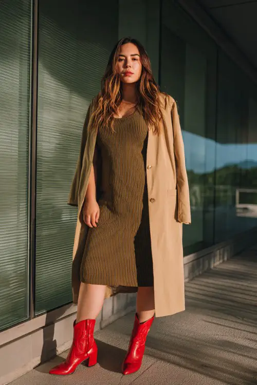 A plus size woman wears red cowboy boots with a ribbed midi dress in dark olive and a long camel coat