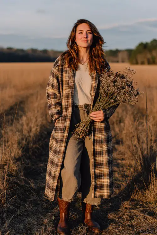 A plus-size woman wears wide-leg jeans, a long plaid duster coat over a simple tee, and dark brown western boots