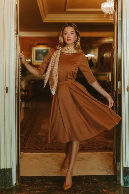 A wedding guest wearing a caramel A-line dress paired with suede pumps and a silk scarf