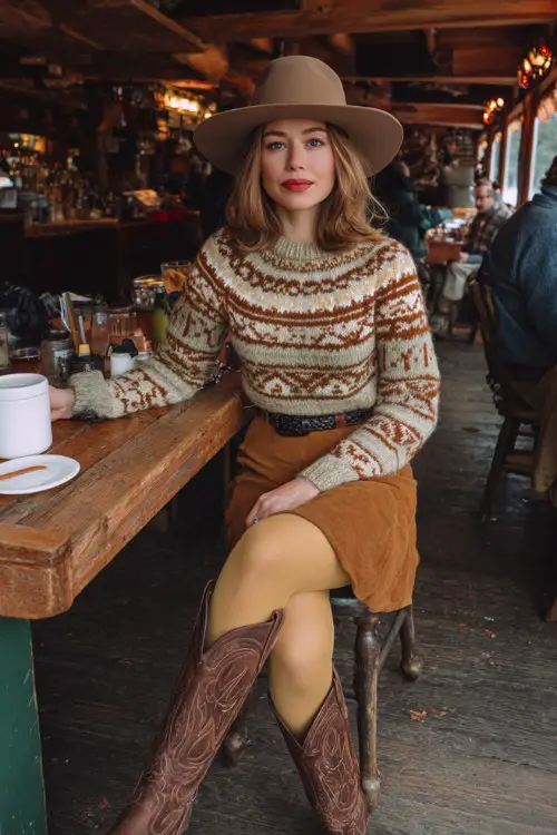 A woman at a countryside brunch spot in a cozy fair isle sweater