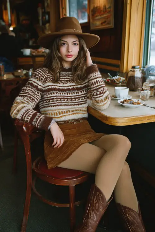 A woman at a countryside brunch spot in a cozy fair isle sweater, suede A-line skirt, tan tights, and warm brown cowboy boots