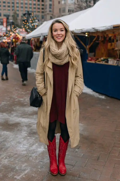 A woman browsing a winter market in a long camel trench coat over a maroon knit dress, black tights, and bold red cowboy boots
