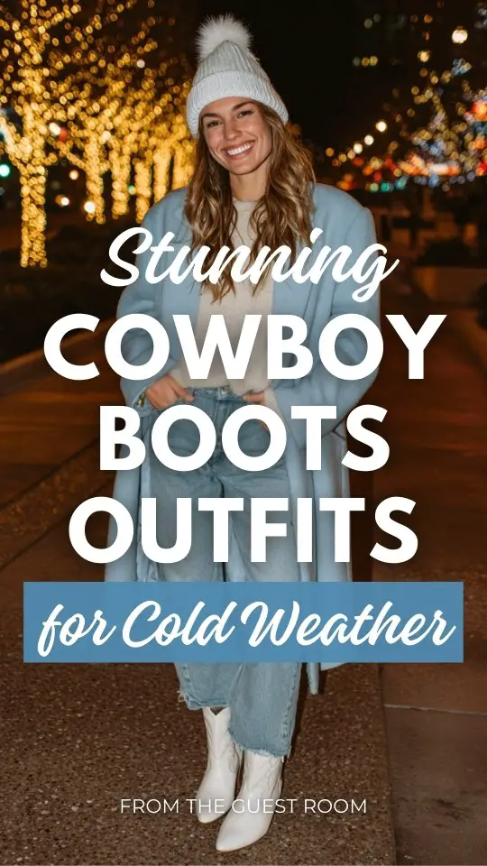 A woman enjoying holiday lights in a powder blue oversized coat, light wash jeans, thermal top, and cowboy boots outfit for cold weather