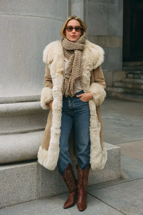 A woman in a beige shearling-lined fur coat, high-waisted jeans tucked into brown cowboy boots, and a chunky knit scarf