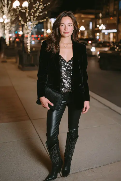 A woman in a black velvet sport coat over a sequin cami top and leather leggings, styled with tall black cowboy boots and a clutch