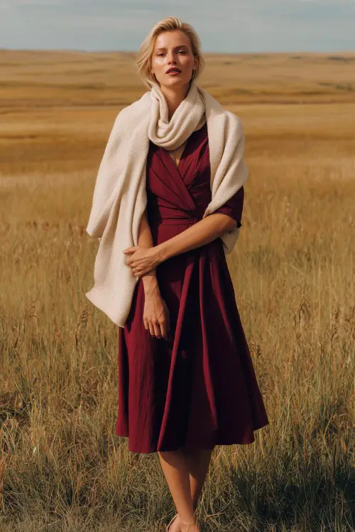 A woman in a burgundy midi dress with with low heels and a light knit shawl draped over her shoulders