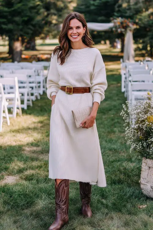 A woman in a cream sweater dress with a flowy skirt and brown belt, paired with mid-calf cowboy boots and a simple clutch, posed at a casual outdoor October ceremony