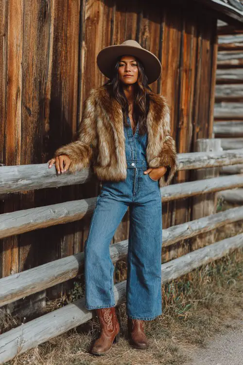 A woman in a cropped faux fur jacket layered over a denim jumpsuit, brown cowboy boots, and a wide-brimmed felt hat