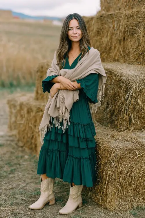 A woman in a deep green boho-style dress with a tiered skirt and ruffle cuffs, paired with beige western boots and a wool shawl, posing near stacked hay bales at an October barn wedding