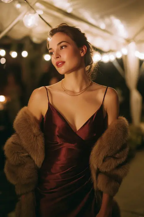 A woman in a deep wine-colored satin slip dress with a fur shawl