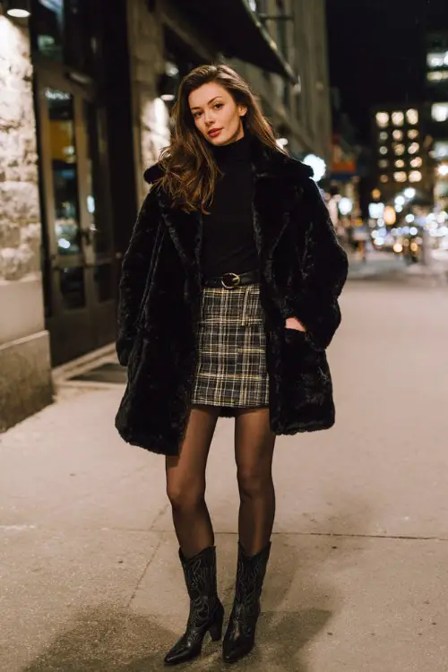 A woman in a dramatic oversized black faux fur coat with a plaid mini skirt, black turtleneck, sheer tights, and black cowboy boots